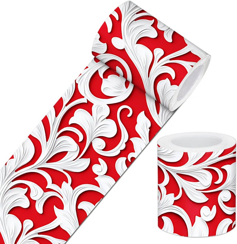 IVN Wallpaper Border Baroque Red Floral Embossed Pattern Design 4x196 Inch Peel and Stick Wallpaper Border for Mirror Frame Bathroom Laundry Room Pool Area Living Room Wall Decor - Image 1